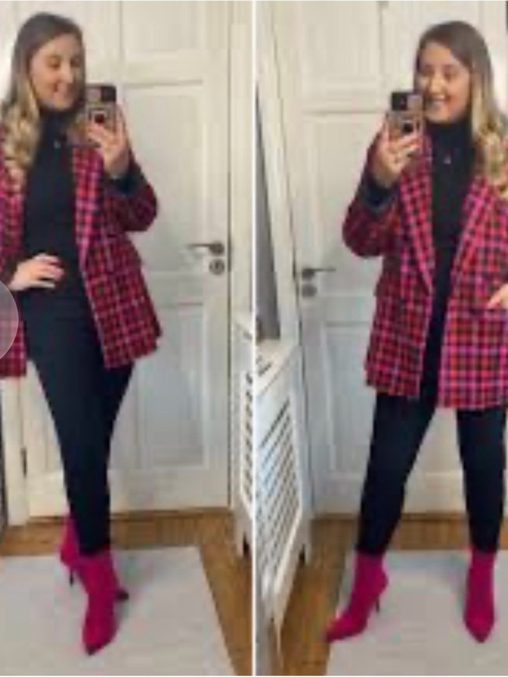 Fashionable hot pink and red Plaid Women's Blazer Jacket - Classic Check